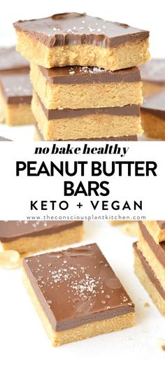 peanut butter bars stacked on top of each other with the words, no bake really