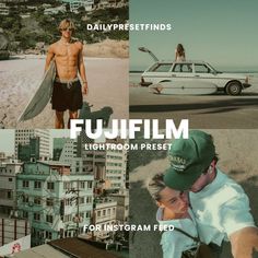 a collage of photos with the words fuji film, highroom preset and for instagram feed