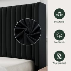 an upholstered headboard is shown with the words, breatheable eco - friendly and wear - resistant