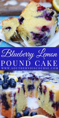 blueberry lemon pound cake on a plate with a slice cut out and the rest of the cake in the background