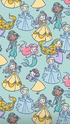 the disney princesses are all different colors and patterns on this blue background with yellow, pink