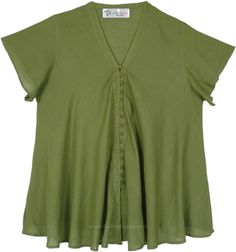 This one-sized mini-sleeve tunic top is made from lightweight and breathable cotton voile.  The top features wood-like buttons running down the front, adding a natural, rustic touch. #tlb #Solid #vacationclothing #VacationShirt Bohemian Style Solid Color Top With Short Sleeves, Bohemian Style Solid Short Sleeve Top, Bohemian Short Sleeve Solid Top, Bohemian Green Tops With Buttons, Bohemian Short Sleeve Top, Spring Button Tunic Top, Spring Tunic Top With Buttons, Spring Buttoned Tunic Top, Cotton Lagenlook Top With Buttons