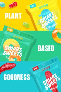 three bags of smart sweets are shown in different colors and sizes, with the same bag on