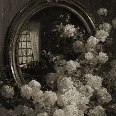 a painting of white flowers in front of a mirror with a window on the wall