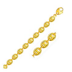 This puffed mariner link bracelet comes in 14K yellow gold and has a width of 6.9mm. Secured with a lobster clasp. 7 1/4 inches length adjustable up to 2 inches smaller or larger for the perfect fit Ribbon Jewelry, Gold Link Bracelet, Yellow Gold Chain, Fragrance Design, Metal Stamping, A Word, Link Chain, Link Bracelets, Gold Chain