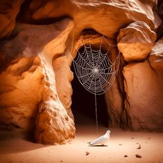 a white bird sitting in front of a spider web on the side of a cave