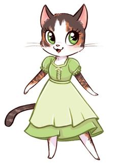 a drawing of a cat in a green dress