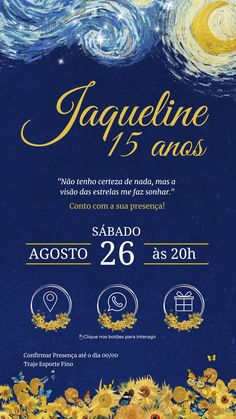 Convite Digital Interativo de Aniversário 15 anos do Tema Noite Estrelada Van Gogh Bolo Van Gogh, Quince Cake, Templates Edit, Unique Wedding Cards, Sweet 16 Decorations, Paper Background Design, Image Background, Sweet 16 Invitations, 16th Birthday Gifts