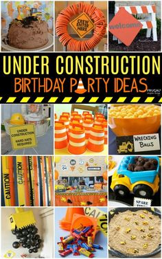 construction themed birthday party with orange and yellow decorations