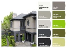 an exterior color scheme for a house with gray and green accents, including white trim