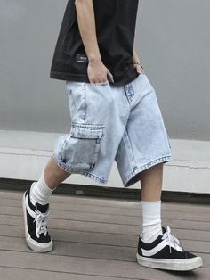 Men's Fashionable And Versatile Denim Shorts With Pockets Light Wash    Denim Plain Bermuda Non-Stretch  Men Clothing, size features are:Bust: ,Length: ,Sleeve Length: Black And Blue Outfit Men, Baggy Shorts Outfit Men, Mens Denim Shorts Outfits, Shorts Outfits Men Streetwear, Mens Outfits Streetwear, Jean Short Outfits, Jeans Outfit Men, Mens Shorts Outfits