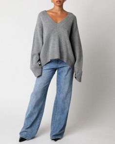 Our Elsie Sweater features a plunging v-neck and a oversized fit. 100% acrylic Made in China Light Gray Sweater Outfit, Light Grey Sweater Outfit, 60 Year Old Woman Fashion, Gray Sweater Outfit, Grey V Neck Sweater, Grey Sweater Outfit, 60 Year Old Woman, Light Grey Sweater, Oversize Sweater