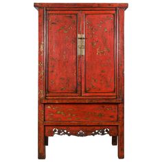 A Chinese Qing Dynasty style red lacquer cabinet from the 20th century, with gilded chinoiserie motifs and carved apron. Created in China during the Qing Dynasty, this cabinet features a red lacquered finish accented with traces of a delicate gilt chinoiserie decor. The doors open to reveal inner shelves and a removable panel with hidden compartment, offering convenient storage options. Raised on four straight legs, the cabinet is adorned with an apron carved with scrolling foliage. With its cle Chinoiserie Decor, Chinoiserie Motifs, Linen Press, Chinoiserie Decorating, Annie Sloan Paints, Hand Painted Decor, Red Lacquer, Bronze Hardware, Butterfly Decorations