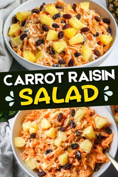 carrot raisin salad with pineapples and raisins in a white bowl