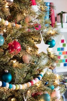 a christmas tree decorated with ornaments and lights