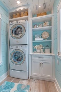 a washer and dryer in a small room with blue paint on the walls