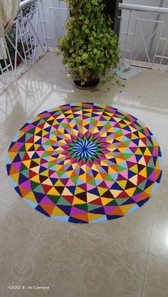 a multicolored circular rug on the floor in front of a potted plant