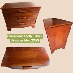 three different types of wooden furniture including a dresser, chest and night stand with the words cushman moly stark dresser no 2053