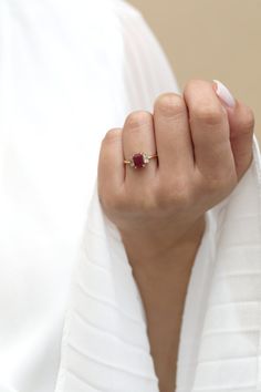 Blood Ruby, Ruby And Diamond Ring, Octagon Shape, Baguette Diamonds, Ruby Ring, Baguette Diamond, Natural Ruby, Stackable Rings, Prong Setting