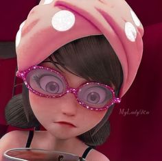 a cartoon girl wearing glasses and a pink hat with polka dots on her head is staring at the camera