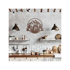 a kitchen with white cabinets and wooden counter tops, hanging lights above the stove top