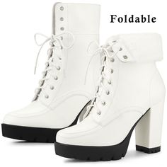 These foldable shaft boots mid-calf ankle booties are featured with a lace-up design with which the boots can stay securely on your feet. These boots with sturdy block heels offer an instant boost to your height. They are built to provide you with the most comfortable walking experience. These boots feature a stylish and versatile design. White Lace-up Heeled Boots For Winter, Winter Combat Boots With Reinforced Heel And Block Heel, Winter Combat Boots With Reinforced Block Heel, White Lace-up Mid-calf Boots For Winter, Winter High Heel Combat Boots In Faux Leather, Winter High Heel Faux Leather Combat Boots, Winter Boots With Padded Ankle And Block Heel, Winter Faux Leather Booties With Block Heel, White Winter Moto Boots