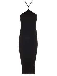 Fitted dress in ribbed cotton and silk jersey by Amiri with midi length, fastening on the back of the neck, golden AMIRI logo detail. Ribbed High Neck Midi Dress For Night Out, High Neck Ribbed Midi Dress For Night Out, Sleek Ribbed Bodycon Dress, Sleek Ribbed Midi Dress For Evening, Ribbed High Neck Bodycon Midi Dress, Ribbed Bodycon High Neck Midi Dress, High Neck Ribbed Bodycon Midi Dress, Sleek Ribbed Midi-length Dresses, Sleek Ribbed Midi Length Dress