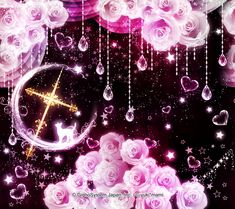 pink roses and bubbles are floating in the air with a cross on it, surrounded by stars