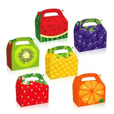 six different colored boxes with fruit designs on the top one is orange, green, red and purple