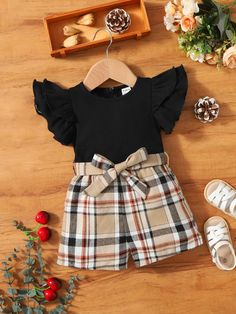 Baby Girl Plaid Ruffle Sleeve Belted Romper Multicolor   Cap Sleeve Fabric Plaid,Holiday Shirt Slight Stretch Summer Baby Girls Clothing, size features are:Bust: ,Length: ,Sleeve Length: Woman Costumes, Children Outfits, Baby Wishlist, Shein Kids, Pattern Romper, Belted Romper, Girl Onesies