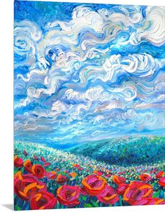 a painting of red poppies on a blue sky with white clouds above the hills