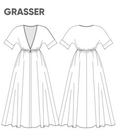 the front and back view of a dress with short sleeves, pleating at the waist