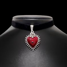 Red/ Silver Enamel Ornate Heart Pendant.  Black Velvet Choker. Chain Extender for Size Adjustment.  Lobster Clasp.  CB159  #gothicjewelry #heartchoker #Necklace #punk #chokers handmade ShopCAB Mexican Heart Immaculate Milagro Punk Style Heart Necklace For Valentine's Day, Punk Heart Necklace As A Gift, Punk Metal Heart Necklace For Valentine's Day, Punk Style Metal Heart Necklace For Valentine's Day, Gothic Metal Heart Necklace, Emo Heart-shaped Jewelry For Valentine's Day, Valentine's Day Heart Choker Necklace, Punk Heart Necklace For Valentine's Day, Gothic Heart Pendant Necklace