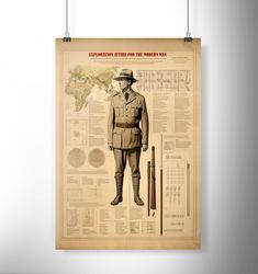 "Give your space a stylish makeover and turn your home into a designer showpiece with this Printable Wall art featuring a sepia mock 'Style Guide' for British Colonial Explorers.  Title reads: EXPLORATION ATTIRE FOR THE MODERN MAN Subtitle reads: AN ADVENTURING MAN'S GUIDE TO ATTIRE AND EQUIPMENT SUITABLE FOR EXPEDITIONS WITHIN UNKNOWN LANDS Sub-sub title reads: \"Be it exploring the Dark Continent,  searching for gold in the untamed wilds of Terra Australis Incognita or trading spice in the West Indies, hot climates and rigorous adventure call for exacting dress standards. Be the envy of the safari with this guide to exploration attire for the well equipped adventurer.\"     Please note: the heading and sub headings for this poster are readable, but the majority of this poster is not. Thi British Colonial Art, Colonial Safari Interior, Colonial Marines Art, Colonial Home Decor, Photo Store, Safari Style, Flower Illustration, Modern Man, Printed Paper