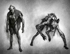 two drawings of werewolvess and an animal with long legs, one in the process of being