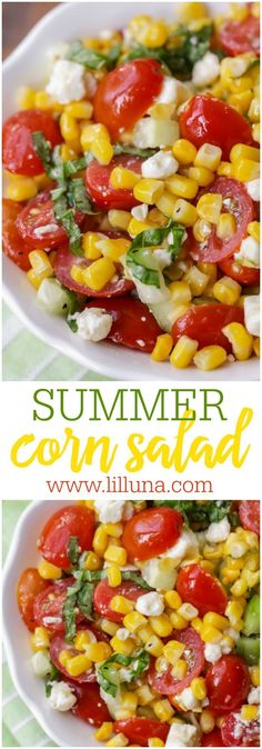 corn salad with tomatoes, cheese and basil in a white bowl