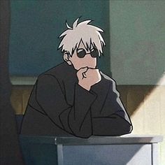 an anime character sitting at a table with his hand on his chin and looking off to the side