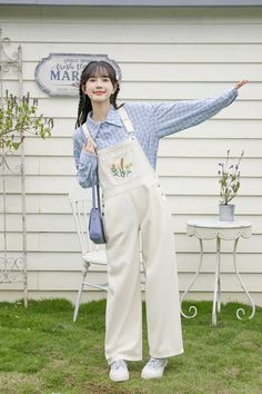 Classic high waisted overalls with a loose boyfriend fit and straight legs. Ditsy wildflower embroidered bib with side pockets and back pockets. Cut open button holes with scissors S: 31.5" waist, 37" hips, 12" rise, 24" thighs, 25" inseamM: 33" waist, 38.5" hips, 12" rise, 25" thighs, 25" inseamL: 34.5" waist, 40" hips, 12" rise, 26" thighs, 25" inseam How to attach buckles:Slide the rectangular buckle on first, followed by the T-shaped buckle. Overall straps will hold on its own as such or you Pastel Overalls, High Waisted Overalls, Softgirl Outfits, Embroidered Overalls, Overalls White, White Overalls, Softgirl Aesthetic, Overalls Outfit, Character Sheets