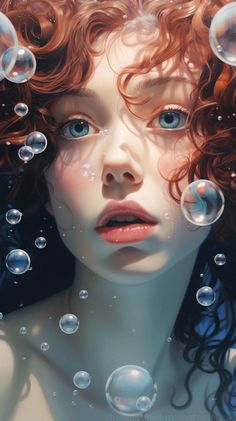 a girl with red hair and blue eyes is surrounded by bubbles