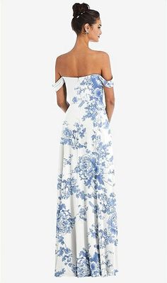 Off-the-shoulder Draped Neckline Maxi Bridesmaid Dress In Cottage Rose Dusk Blue | The Dessy Group Elegant Floral Print Off Shoulder Maxi Dress, Elegant Floral Print Maxi Off Shoulder Dress, One Shoulder Floral Print Maxi Dress For Wedding, Off-shoulder Dress With Fitted Bodice For Garden Party, Flowy Off-shoulder Formal Maxi Dress, Elegant Off-shoulder Dress For Garden Party, Flowy Off-shoulder Maxi Dress For Formal Occasions, Flowy Off-shoulder Prom Dress, Flowy Maxi Dress With Ruched Bodice For Garden Party