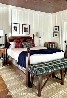 a bedroom with a bed, chair and pictures on the wall above it is decorated in wood