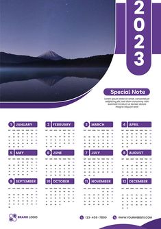 a purple and white calendar for 2013 with mountains in the background, and stars above it