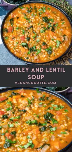 barley and lentil soup with spinach in a black bowl