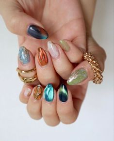 Gem Colored Nails, Gem Tone Nails, Nail Ideas 2024 Trend Summer, Nails Jewel Tones, Nail Art Full Color, Jewel Tone Nails, Eclectic Nails, Nails Hippie, Gemstone Nails