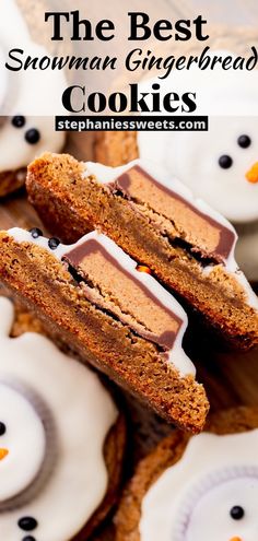 the best snowman gingerbread cookies with chocolate frosting on top and white icing