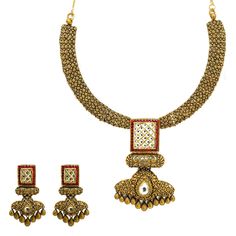 22K Yellow Gold Temple Necklace & Earring Set W/ Kundan & Rubies on Jewelled Double Drop Square Pendant - Virani Jewelers Luxury Kundan Temple Necklace In Yellow Gold, Luxury Yellow Temple Jewelry, Luxury Gold Dual-tone Temple Necklace, Luxury Teardrop Temple Jewelry, Gold Temple Necklace, Temple Earrings, Temple Necklace, Feminine Necklace, Pear Shaped Pendant