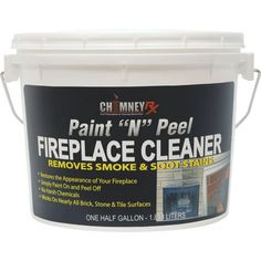 a bucket of paint that is white and has the words fire place cleaner on it