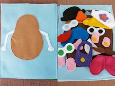 an open book with various felt items on it