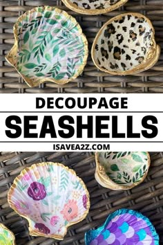 decorative seashells with text overlay that reads, decoupage seashells