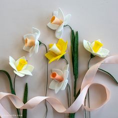 white and yellow flowers with pink ribbons tied around them